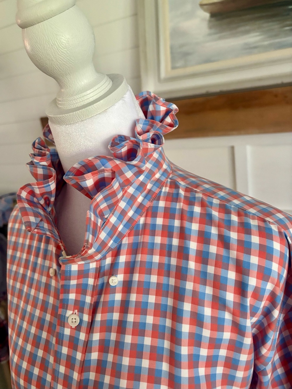 Perfect fall shirt -orange, blue & White check button down with ruffle collar